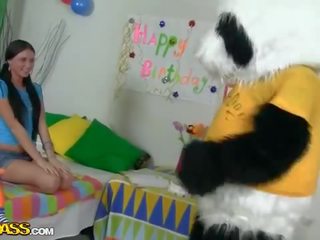 Today this charming daughter turned 18 and fucks her Panda clip