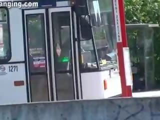 Gorgeous risky public x rated video threesome orgy by a tram stop part two